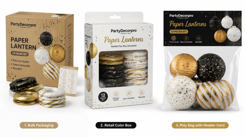 Three decorative lantern packaging concepts in cylinder, sphere, and square shapes for wholesale and customizable branding.