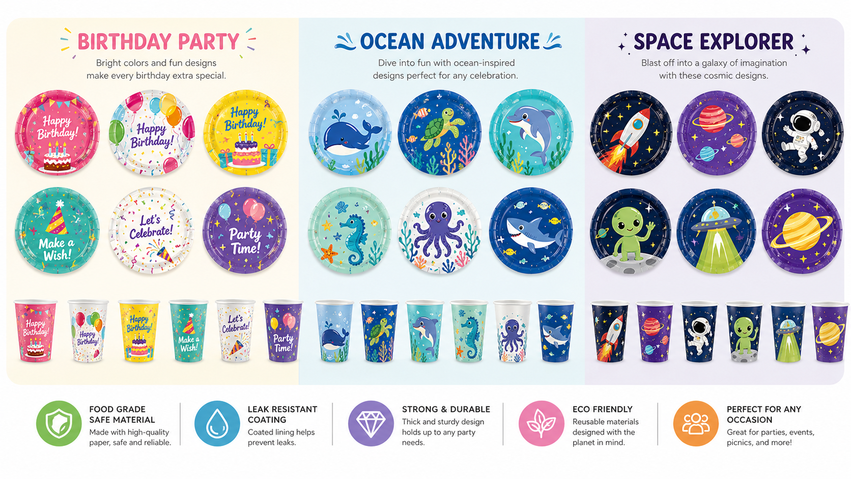 Disposable party plates and cups birthday ocean space theme tableware set customization support
