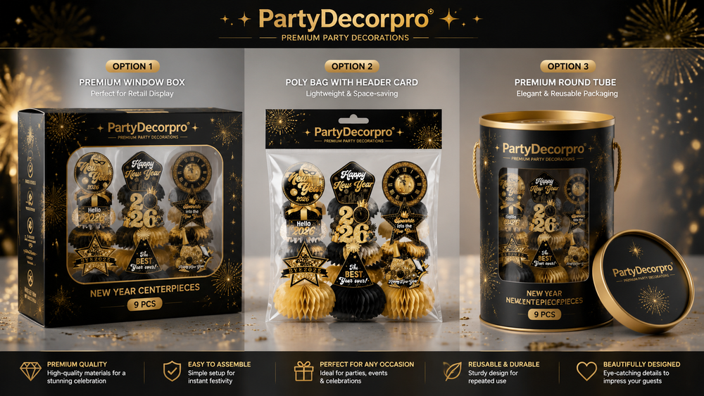 Premium festive packaging options including window boxes, clear bags, and round tube containers for elegant New Year centerpieces.