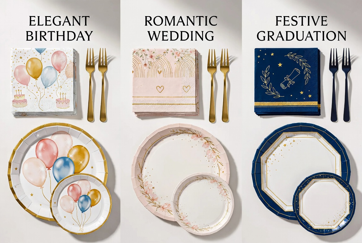 Elegant party supplies set in three themes - birthday with balloons, wedding floral, and graduation navy blue - showing plates, napkins and forks on white background