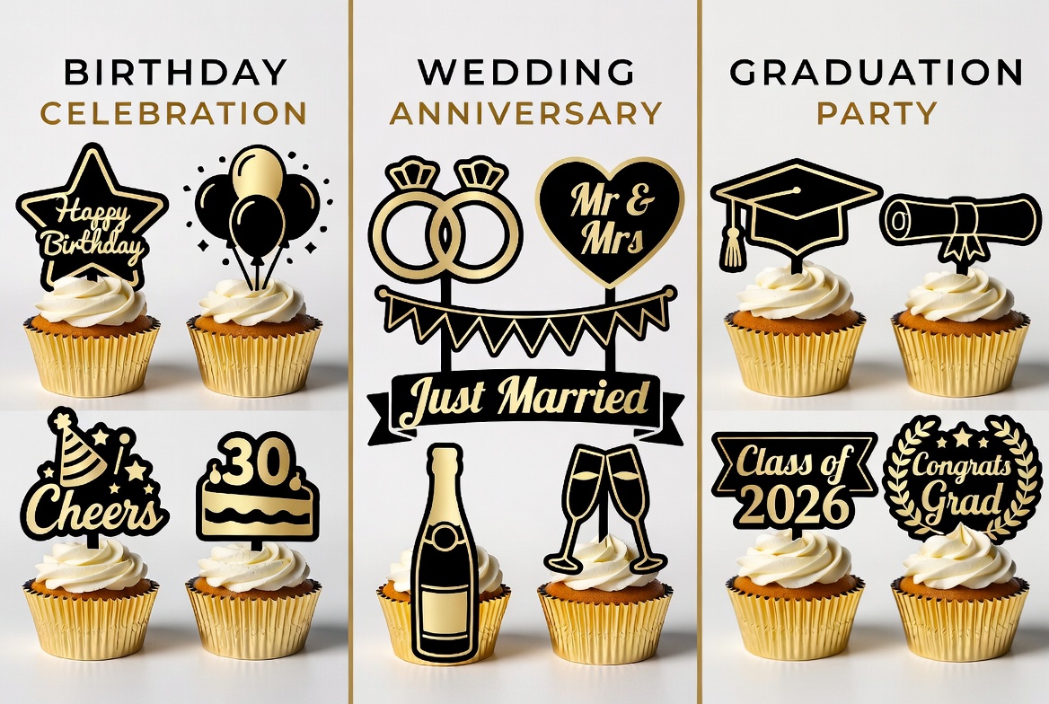 Black and gold elegant cupcake toppers for birthday wedding anniversary and graduation celebrations in 16:9 product collage