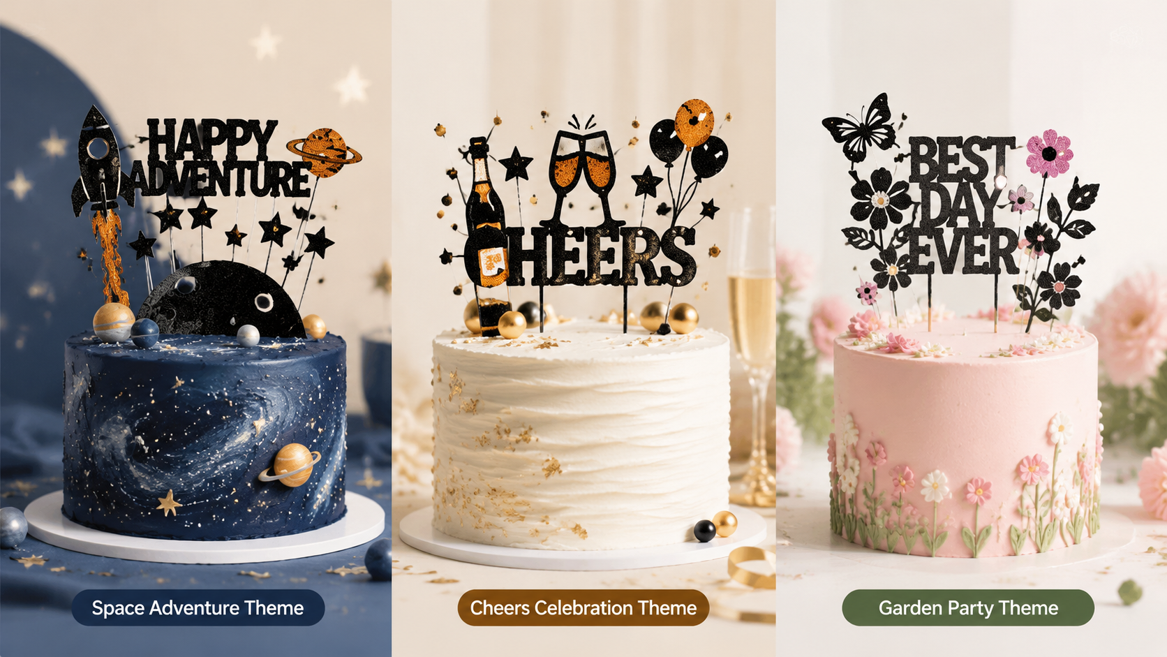 Custom themed cake toppers for holiday, birthday, and party celebrations, colorful and detailed designs.