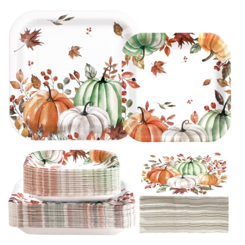 This is our beautiful square paper plate featuring a rich autumn pumpkin design with orange, white, and green pumpkins surrounded by fall leaves and berries. It has a lovely watercolor style that really sets the mood for Thanksgiving or harvest parties. We can customize this style — change the colors, add your logo, or adjust the artwork to match your event perfectly.