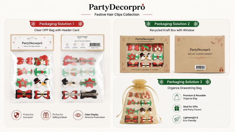 Christmas hair clips packaging display with clear bags, kraft boxes, and organza pouches, customizable for branding