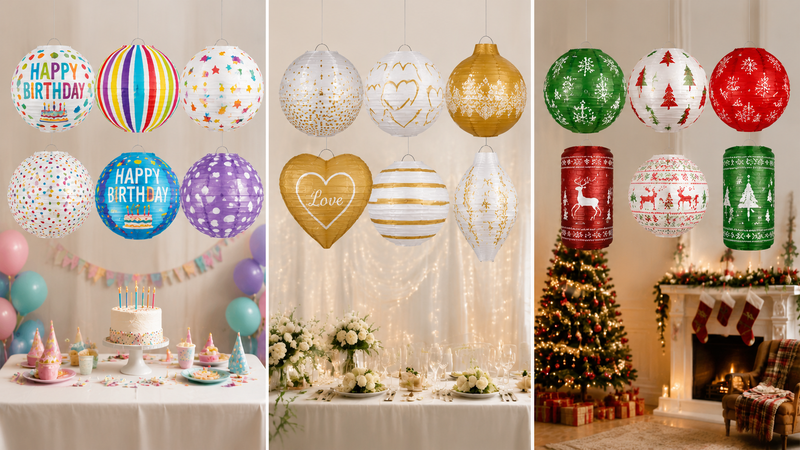 Assorted paper lanterns in gold, black, and white, suitable for events and wholesale.
