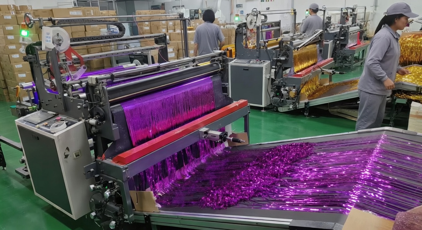 Our automated fringe cutting machine is operating at high speed, precisely slitting large rolls of metallic foil into fine and uniform fringe strips. Workers monitor the process closely to ensure every strip has consistent length and smooth edges, providing perfect base material for later assembly.