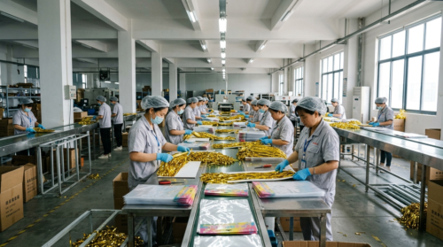 Our workers are carefully arranging and assembling the metallic foil fringe curtains. Wearing gloves, they meticulously align the cut shiny strips and secure them onto the adhesive header, ensuring every curtain has uniform fringes and delivers premium quality to our customers.