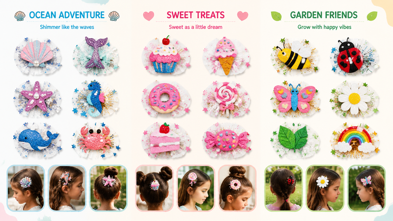Customizable glittery kids hair clips in ocean, sweet treat, and garden themes, colorful and playful designs.
