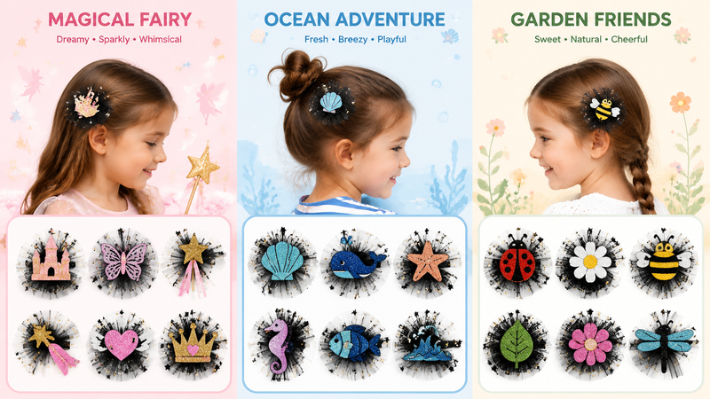 Halloween-inspired and themed glitter hair clips for girls, featuring pumpkins, bats, witches, and festive shapes.