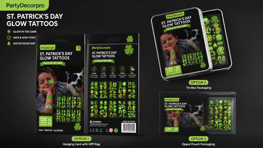 St. Patrick’s Day glow-in-the-dark temporary tattoos packaging showcase with customizable options