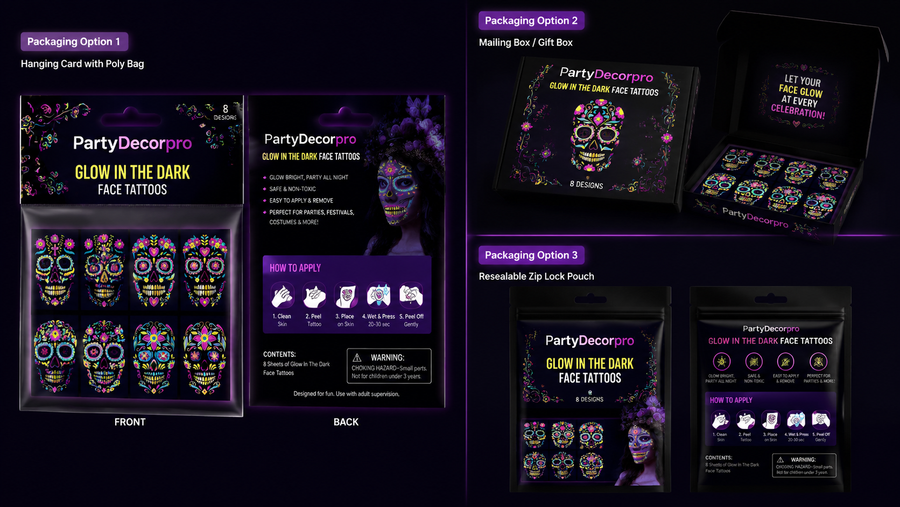 Glow-in-the-dark face tattoos packaging options including hanging card, gift box, and resealable pouch with customizable branding.