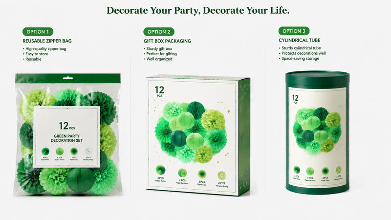 Three green party decoration packaging options: zipper bag, gift box, and cylindrical tube, customizable for branding.