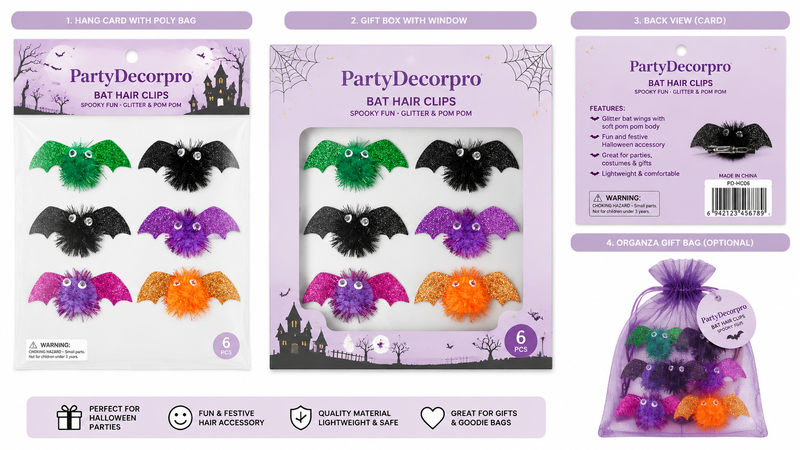 Halloween bat hair clips packaging options with hang card, gift box, and organza bag, customizable for branding.