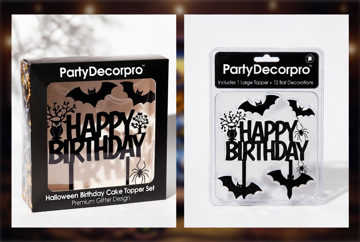 Two different professional packaging designs for Halloween birthday cake topper set including window box and blister pack