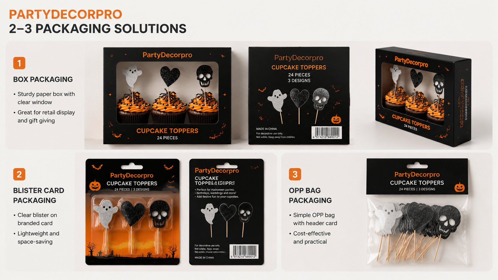 Customizable Halloween cupcake topper packaging in box, blister card, and OPP bag styles for retail and gifting.