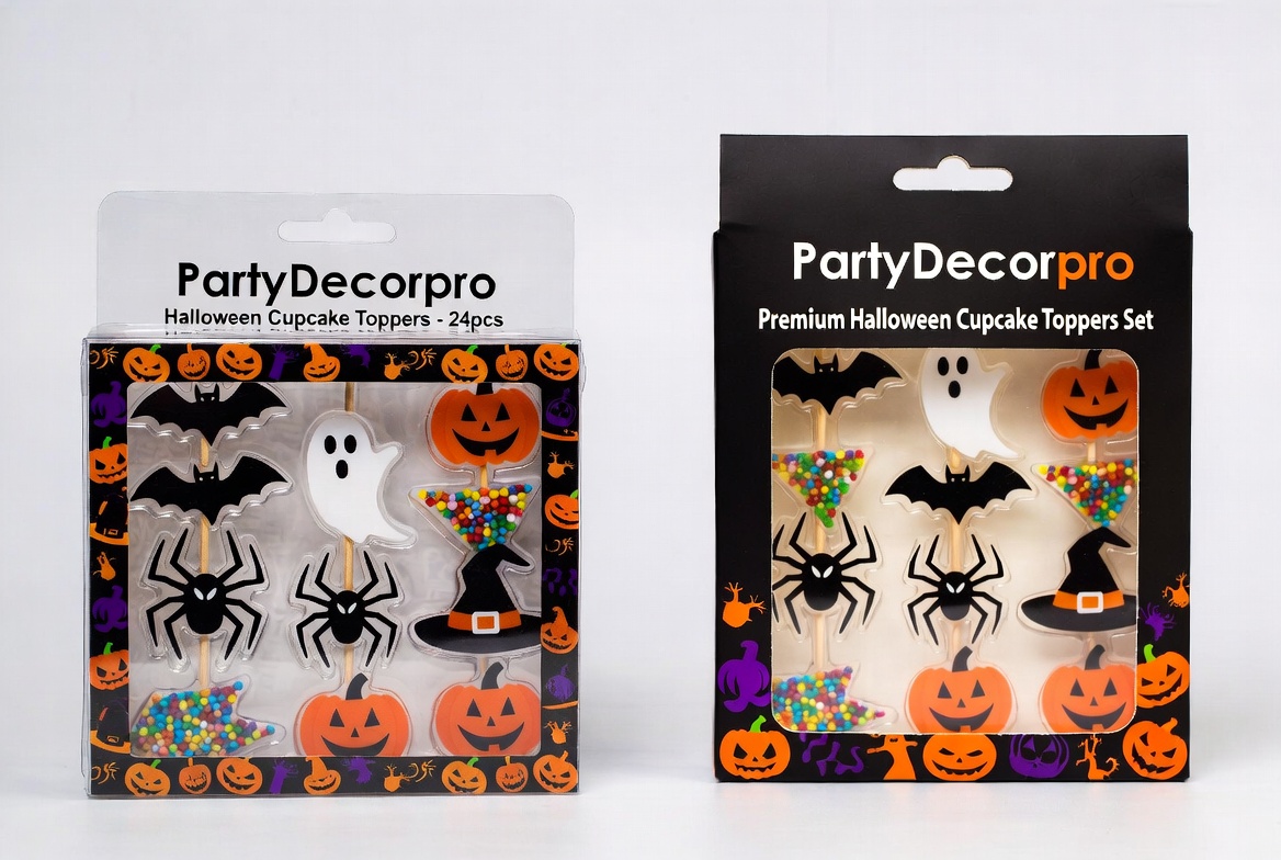 Two different custom Halloween cupcake topper packaging designs including clear plastic box and black window cardboard box