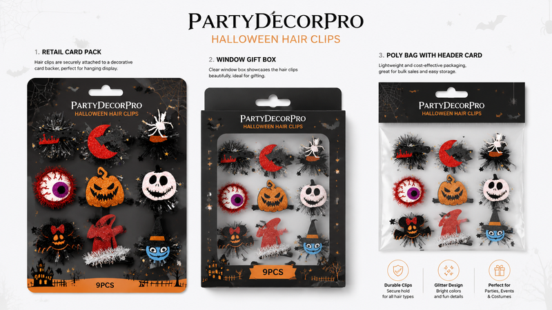 Halloween hair clips packaging with retail card, window box, and poly bag customizable options.
