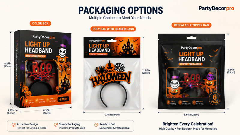 Creative Halloween LED headbands packaging with boxes and hanging bags, customizable for wholesale party use.