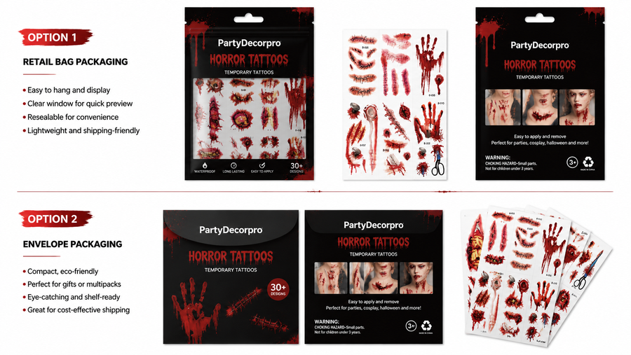 Halloween temporary tattoos packaging showcasing two styles with custom branding options