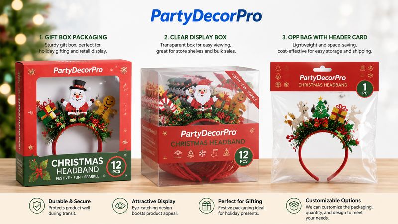 Three festive headband packaging designs for holidays, ready for bulk customization.