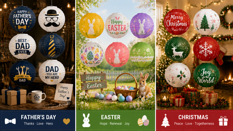 Father's Day, Easter, and Christmas themed paper lanterns in vibrant colors for festive decoration, customizable for wholesale.
