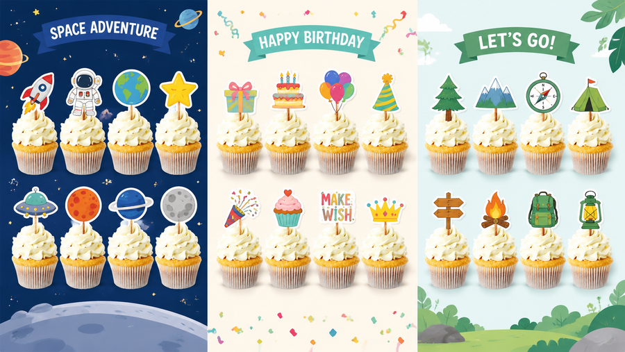 Customizable holiday and party-themed cupcake toppers with diverse, cute designs enhancing celebrations.