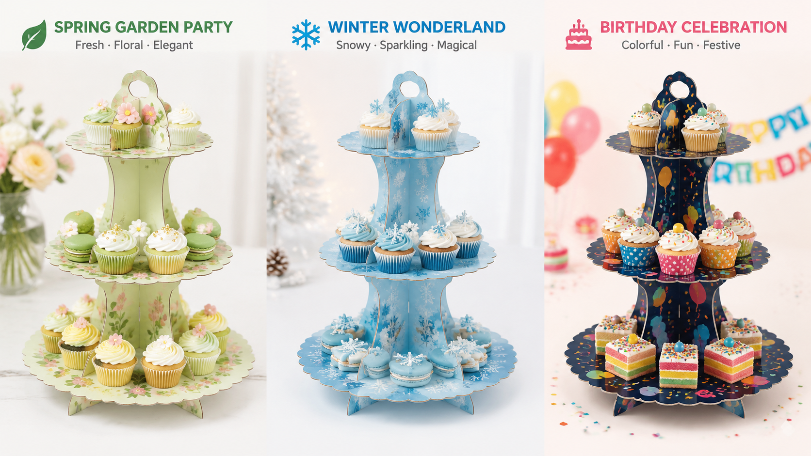 Spring Garden, Winter Wonderland, Birthday Celebration cupcake stands display