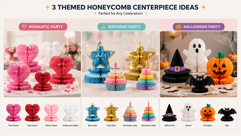 3 themed honeycomb centerpiece ideas for parties including romantic, birthday, and Halloween designs.