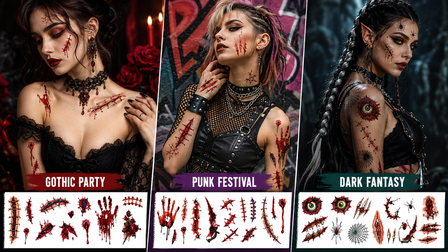 Horror-themed temporary tattoo stickers applied on models, showing Gothic Party, Punk Festival, and Dark Fantasy styles with blood, wounds, and stitched effects.