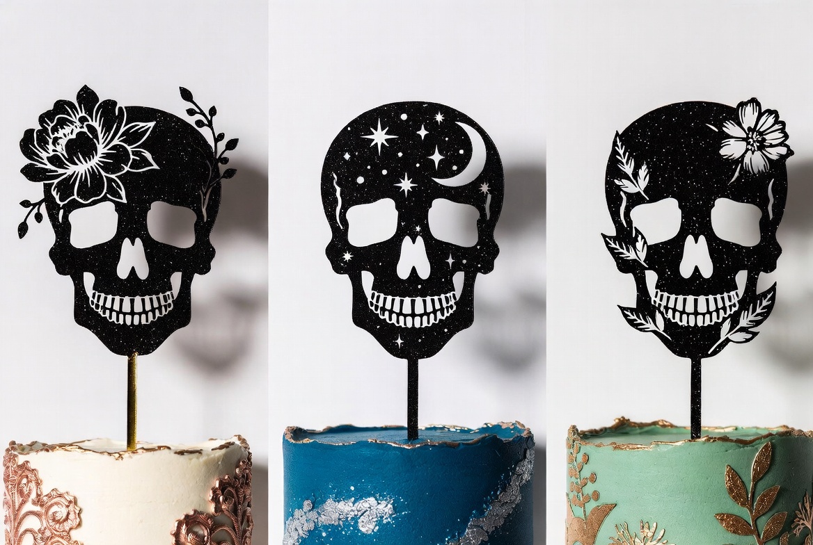 Black glitter skull cake toppers in three themes - romantic floral, mystical celestial and botanical nature, displayed on matching elegant cakes