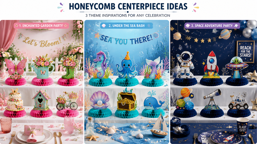 Colorful honeycomb paper centerpieces in garden, ocean, and space themes for party decorations, customizable for various events