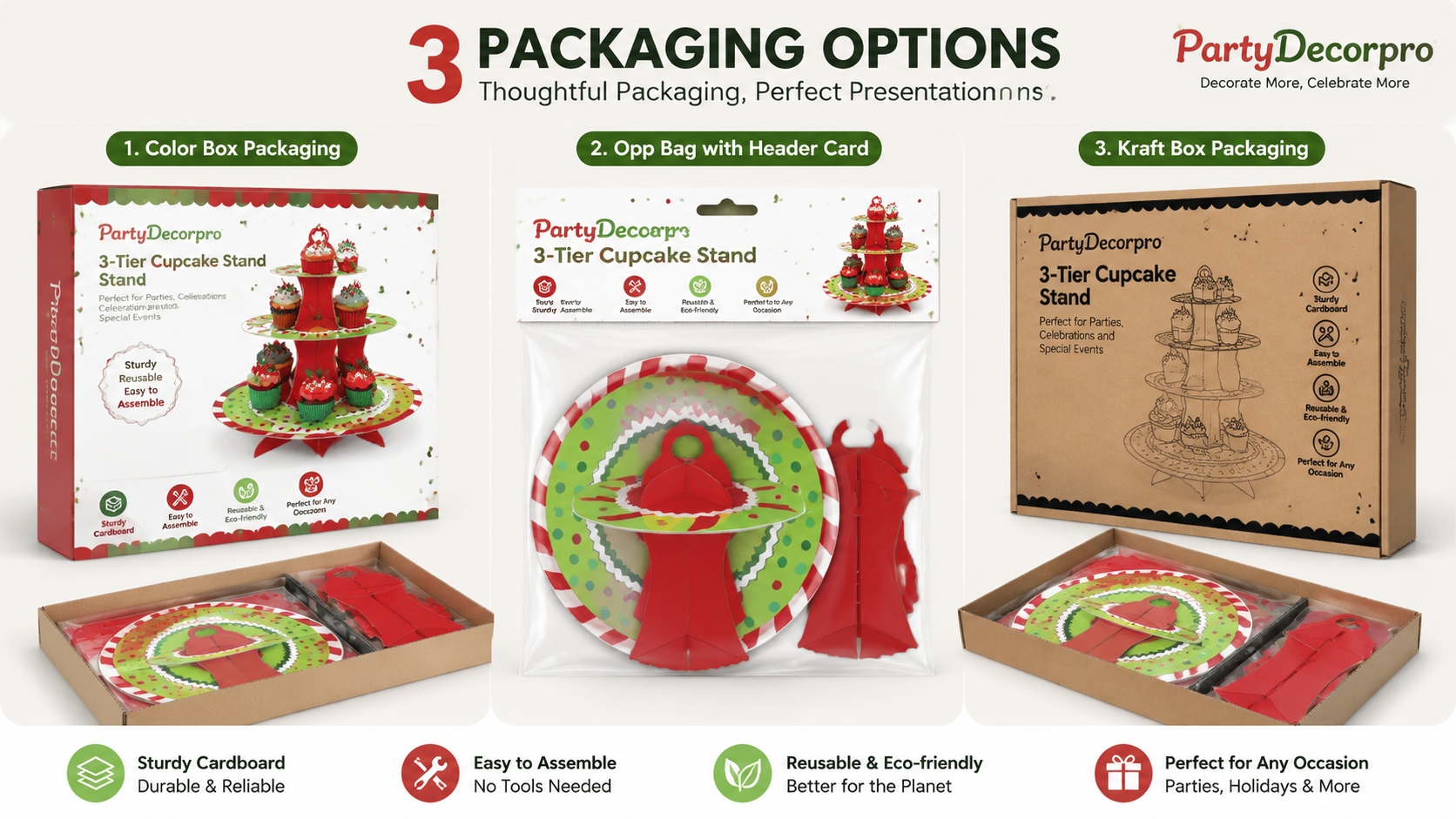 Customizable packaging options for multi-tier cupcake stands: gift box, OPP bag, and kraft box.