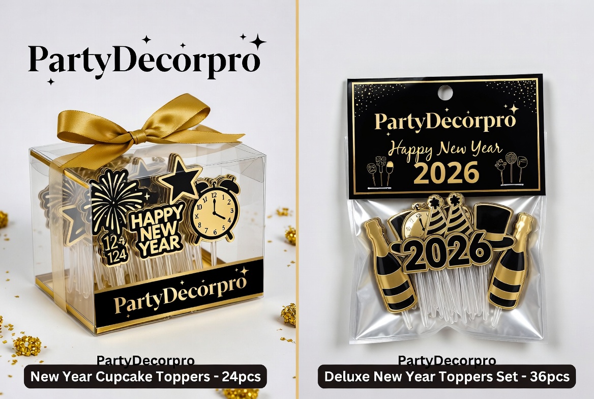 New Year 2026 cupcake toppers in two premium packaging options: clear gift box and resealable pouch, custom branding available