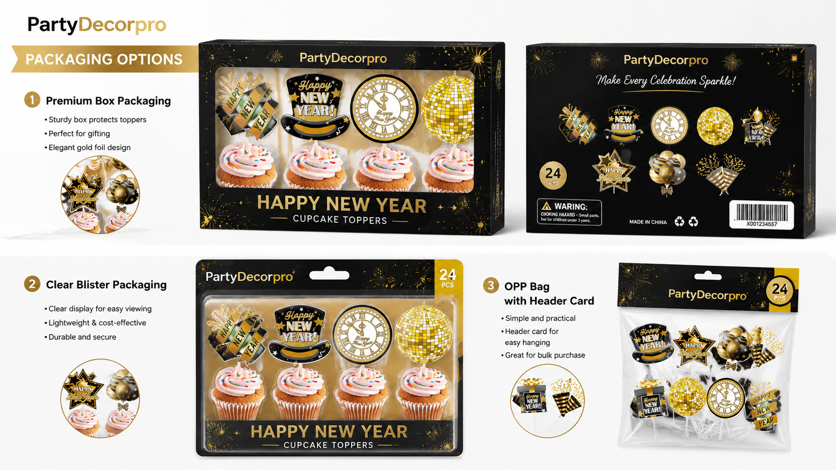 New Year cupcake toppers packaging options including Premium Box, Clear Blister, and OPP Bag, festive and customizable