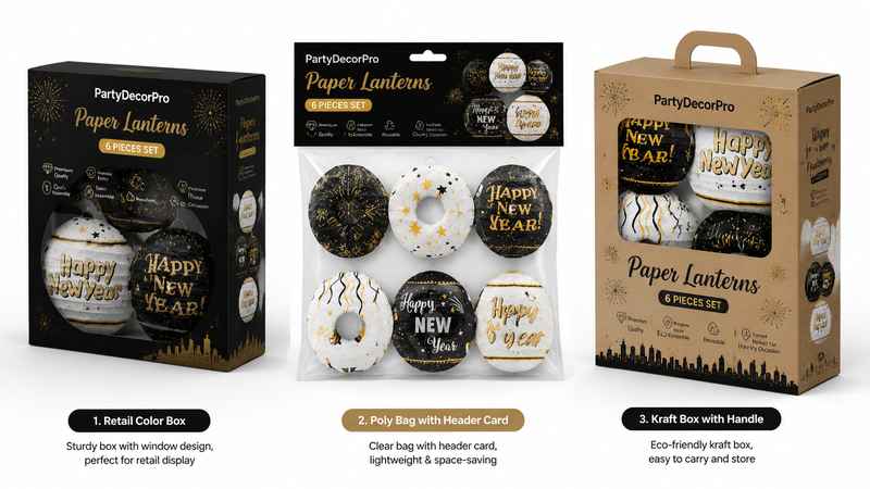 New Year paper lantern packaging set with assorted designs and customizable branding for wholesale.