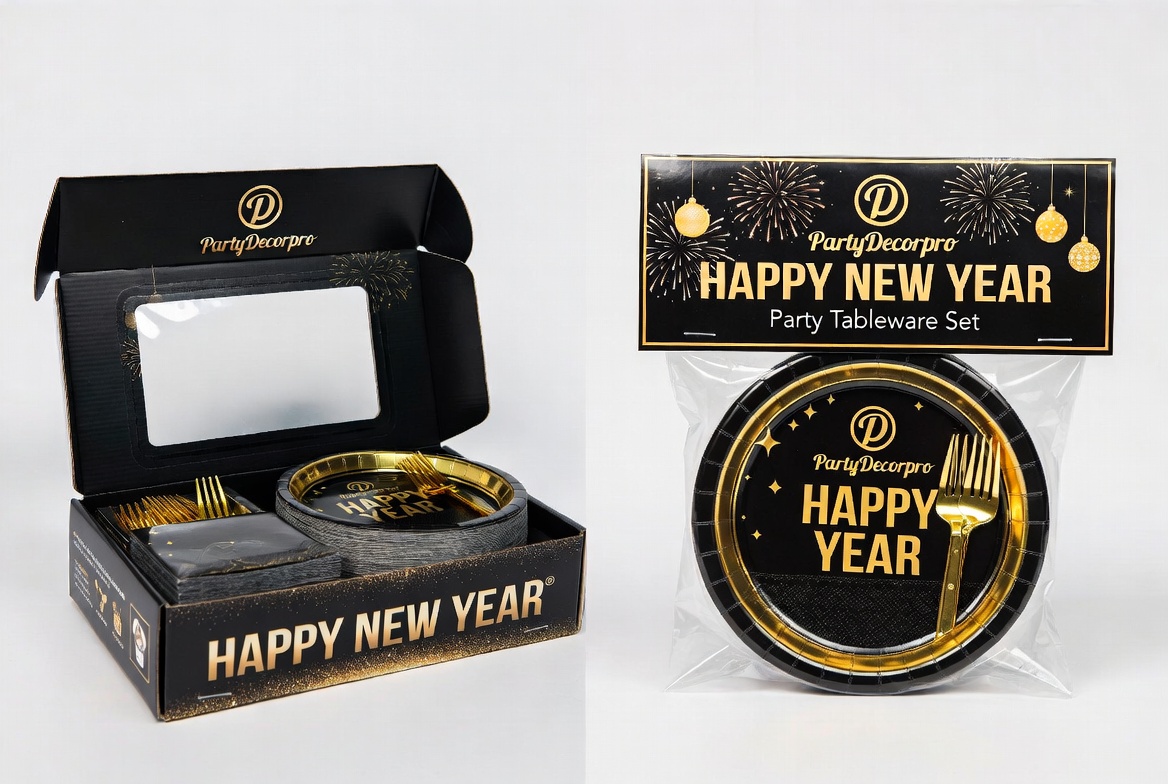Two stylish New Year party tableware packaging options including premium gift box and shrink wrap set with custom header label