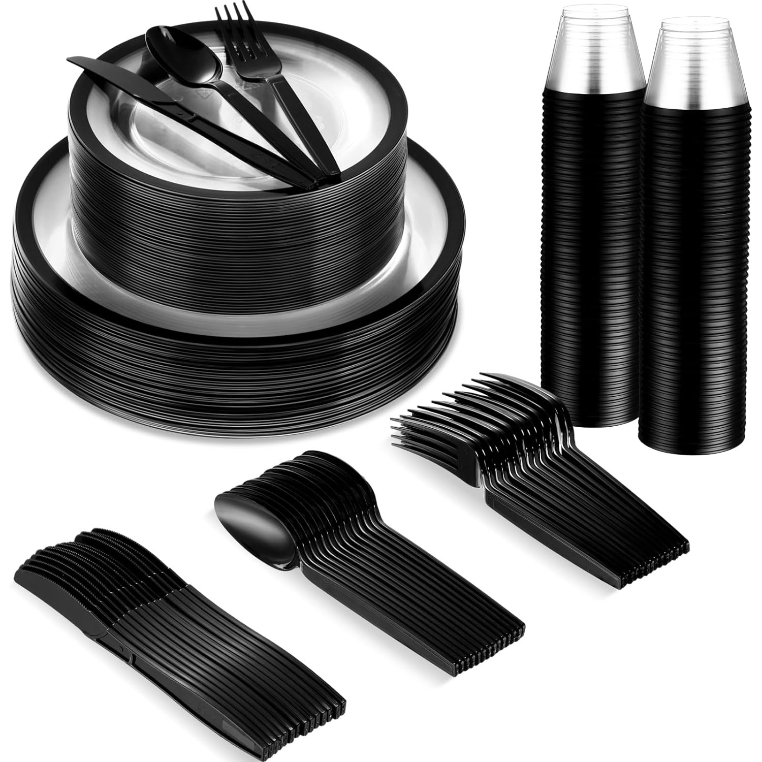 Oem Plastic Cutlery Supplier - Elegant Clear Black Rim Disposable Dinnerware Set