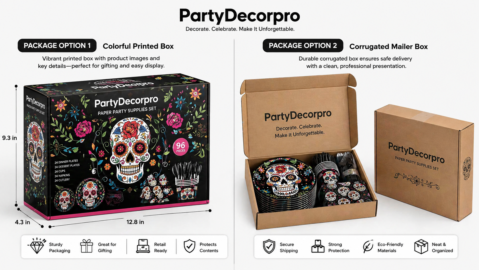 Sugar skull party tableware set packaging solutions with printed retail box and corrugated mailer box display for party supplies branding customization