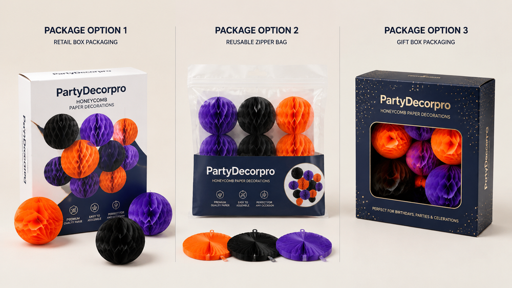Three premium 3D honeycomb ball packaging solutions, customizable in style and size, suitable for festive and party decorations