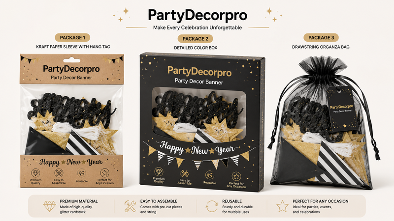 High-quality party product packaging mockup on white background, showcasing festive and versatile designs for B2B customization.