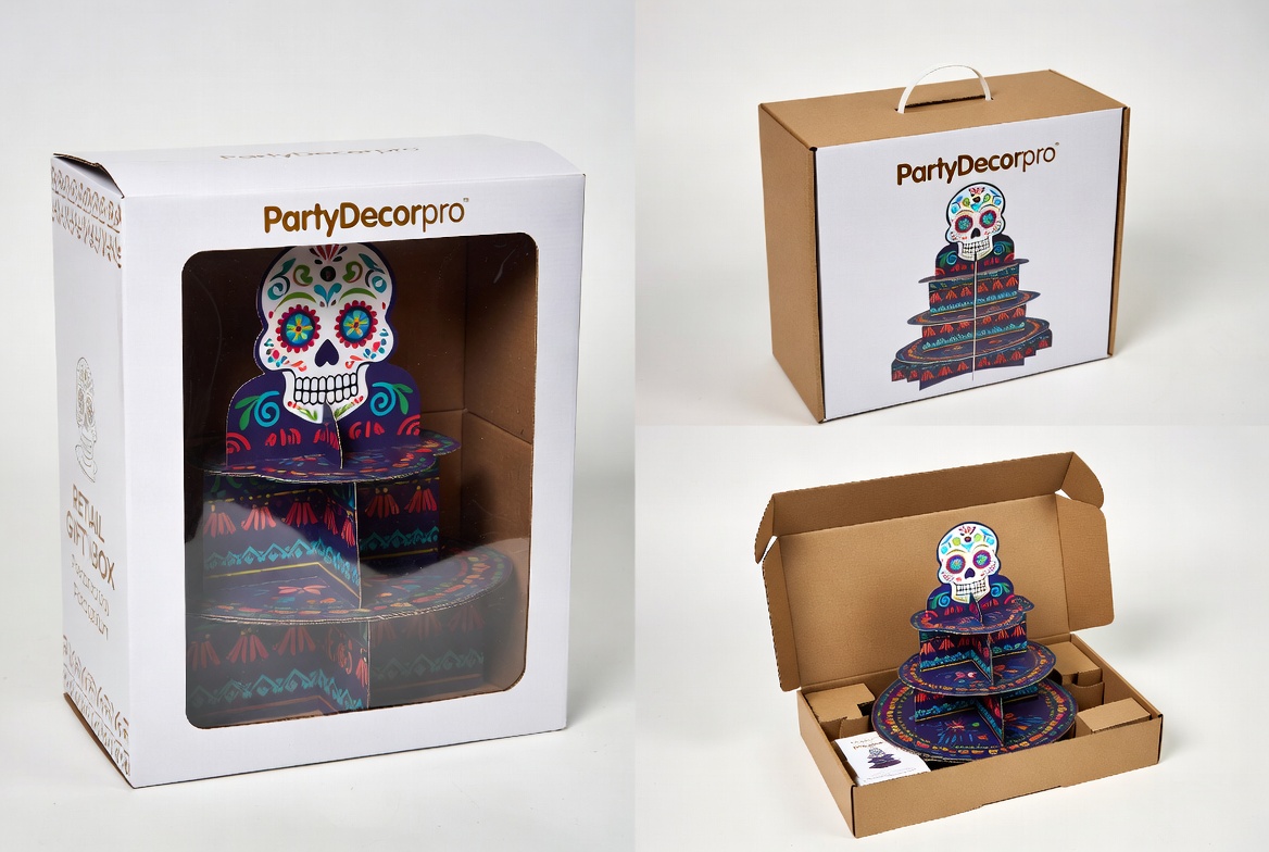 Two premium packaging solutions for festive 3-tier cupcake stand: white retail gift box with clear window and sturdy kraft shipping box with branded sleeve, fully customizable for your brand.