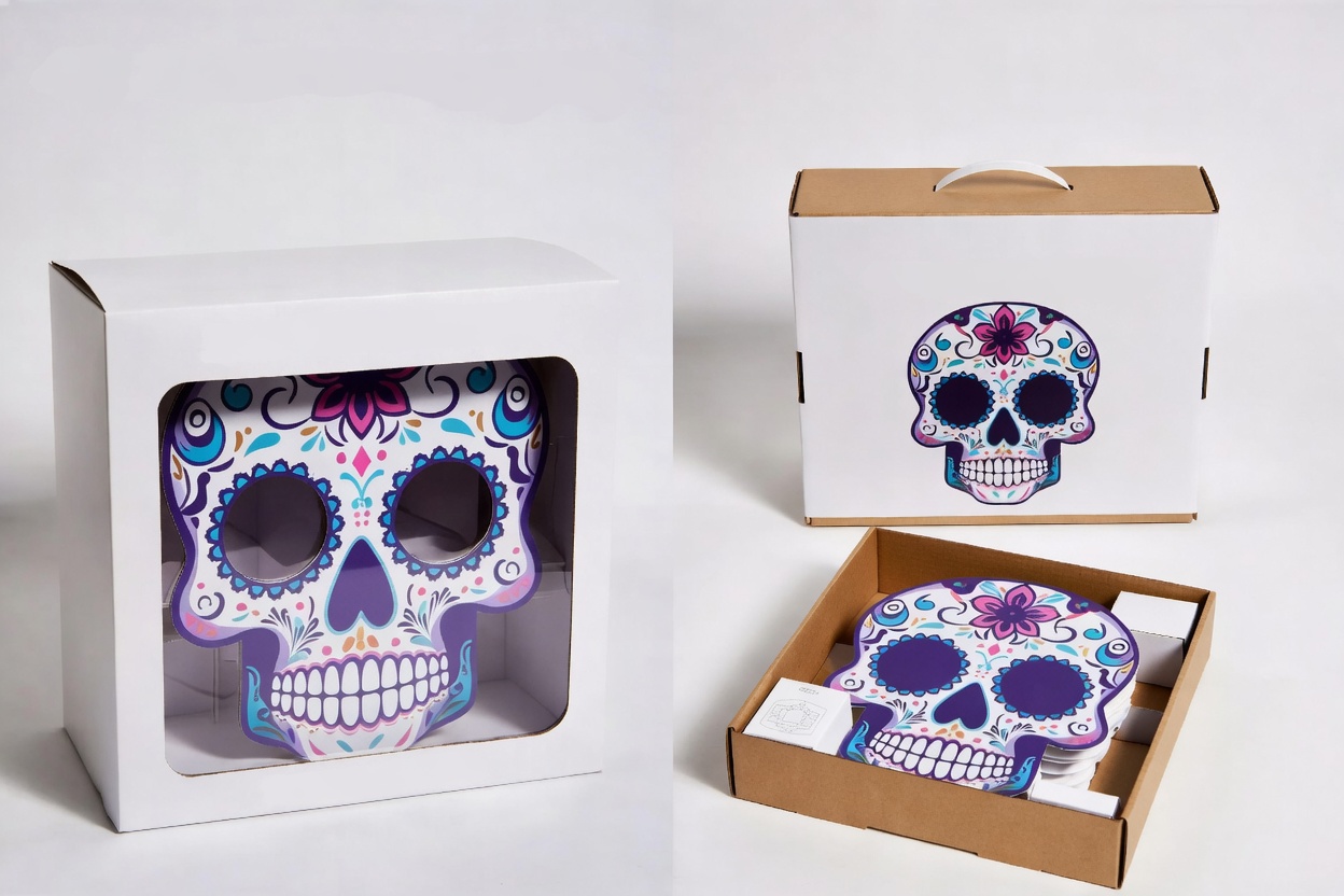 Two professional packaging solutions for colorful 3-tier cupcake stand: white retail gift box with clear window and sturdy kraft shipping box, fully customizable to showcase your brand.