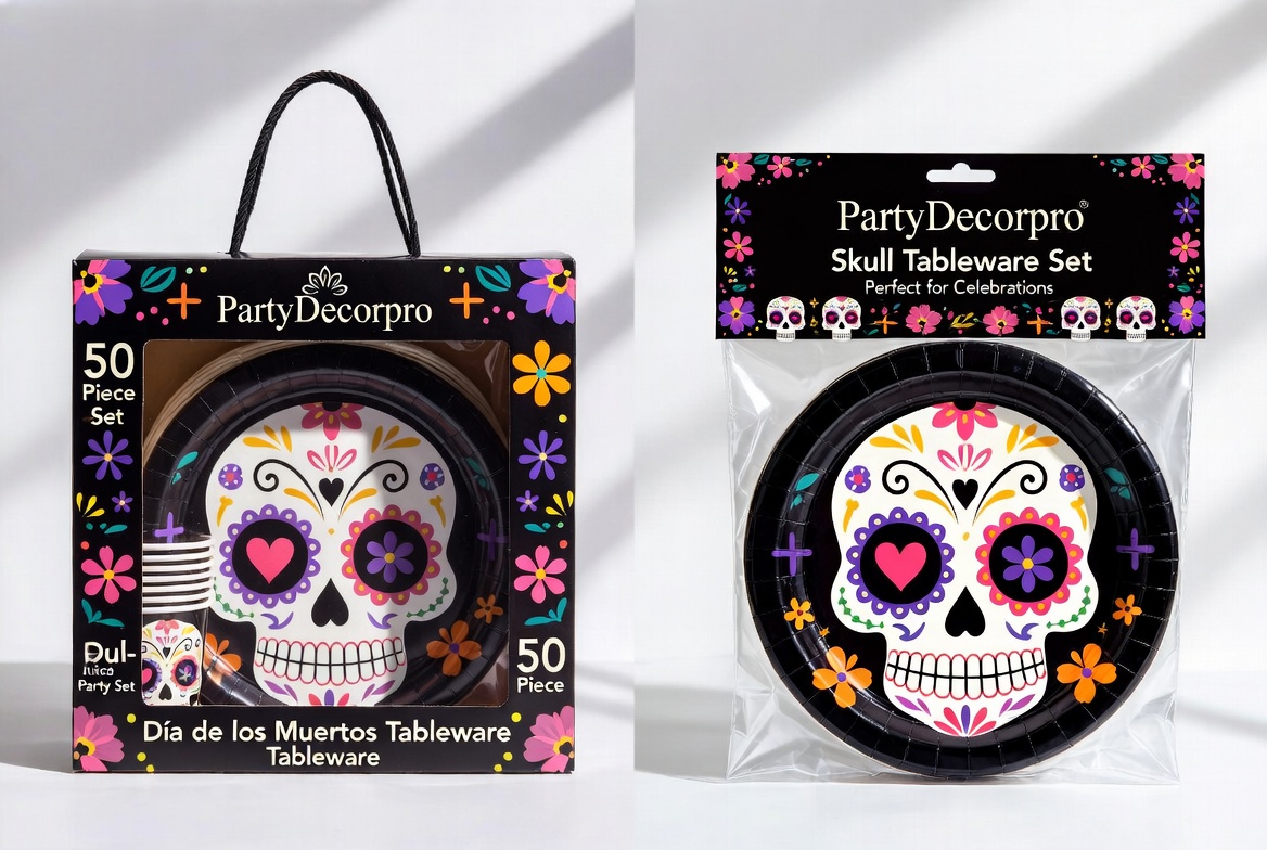 Two stylish packaging options for vibrant Día de los Muertos skull tableware set - premium gift box and retail polybag with header card