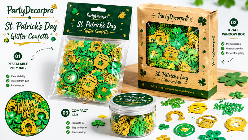 St. Patrick's Day glitter confetti packaging showcase featuring header bags, resealable pouches and retail display box concepts with festive green and gold themed packaging designs.