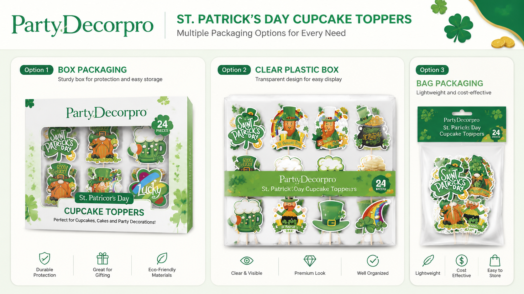 St. Patrick’s Day cupcake toppers with three packaging options for custom branding and display.