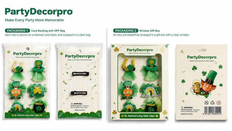St. Patrick’s Day hair clip packaging with card backing and window gift box, customizable for branding.
