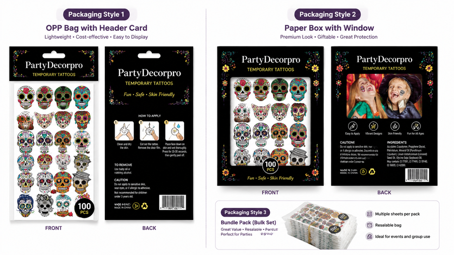 Customizable sugar skull temporary tattoos packaging in bags, window boxes, and bulk sets