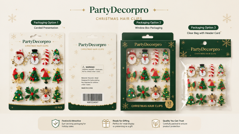 Christmas hair clip packaging display with carded, window box, and clear bag options, festive design, 12 pcs set.