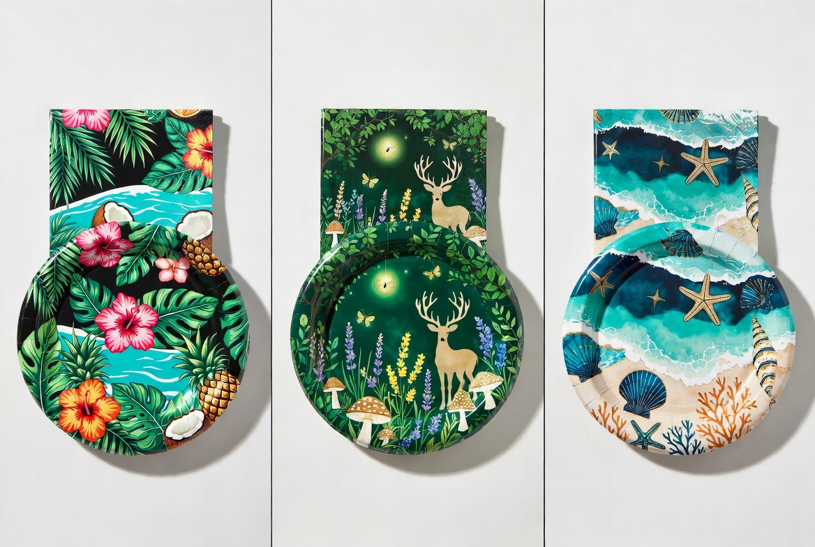 Three themed disposable tableware sets: Tropical Paradise, Enchanted Forest and Ocean Breeze designs on plates and napkins, vibrant party tableware product mockup