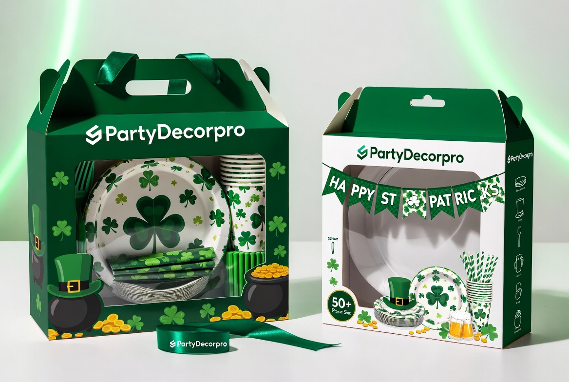 St. Patrick's Day party tableware in two custom packaging options - premium green gift box and retail display box